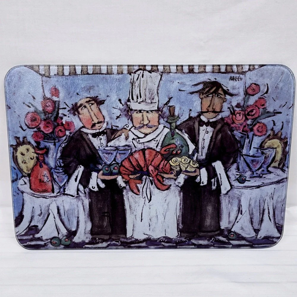 Whimsical Chef Lobster Glass Cutting/Serving Board Bistro Kitchen Decor Coastal‎